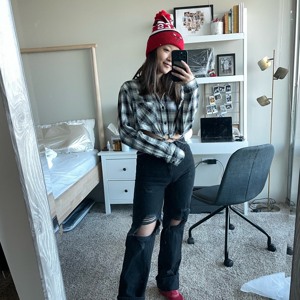 Vintage redone Plaid Cropped Shirt with Chain Detail